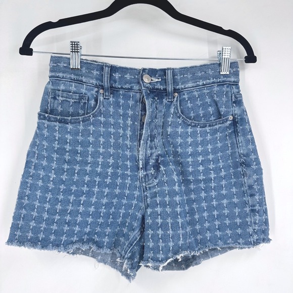 PacSun Pants - Pacsun 90s Girlfriend Denim Shorts Blue Cross Pattern Frayed Hem Size 26‎